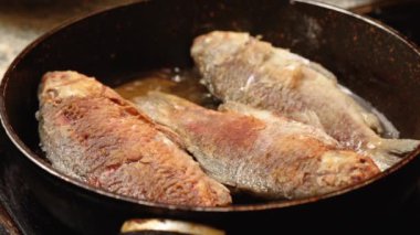 Ev yemeği. Sazan balığı ayçiçeği yağında kızartma tavasında kızarır.