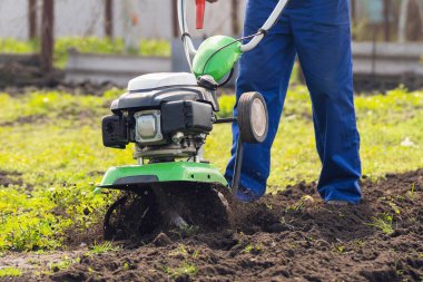 Tarımla uğraşan bir adam sebze ekimi için ekiciyle toprağı sürüyor..