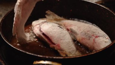 Ev yemeği. Bir kadın sıcak tavaya sazan balığı koyar.