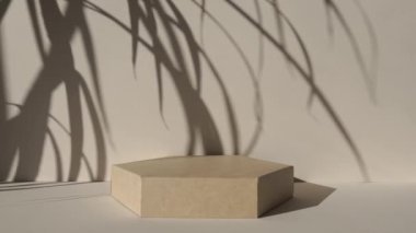 Podium on beige background and palm shadow. Pedestal with a cottonweed. Product promotion. Front view, studio photography