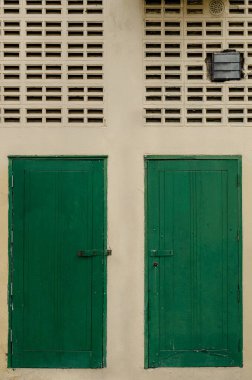 İki eski yeşil kapı, soluk sarı bir duvarda yan yana yerleştirilmiş.