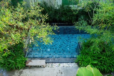 Yeşilliklerle çevrili dikdörtgen yüzme havuzunun yüksek açılı görüntüsü