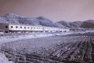 Infrared photography, a landscape with mountains in the background, a row of buildings or houses in the middle ground, and a cultivated field in the foreground clipart