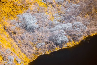 Kızılötesi stil, sarp bir kıyıya sahip karanlık bir su kütlesine yol açan bir manzara.