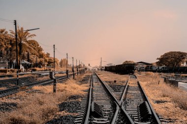 Kızılötesi fotoğrafçılık. Uzağa uzanan bir demiryolu hattı. İzler farklı yönlere ayrılıyor.