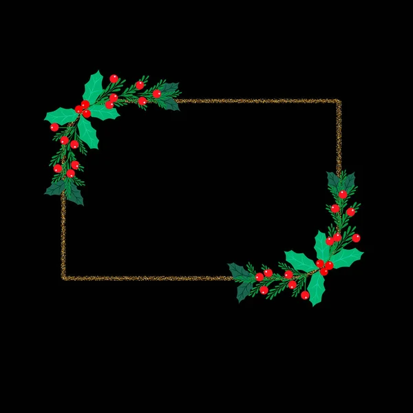 Rahmen Aus Goldenem Konfetti Mit Weihnachtsbeeren Und Blättern Auf Schwarzem — Stockvektor