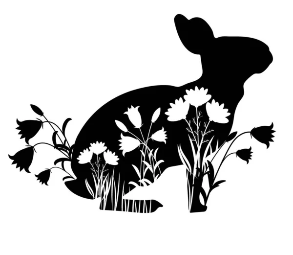 Черный Кролик Трафарет Цветами Белом Фоне Обрезки Плоттера Векторная Иллюстрация — стоковый вектор