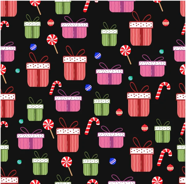 Weihnachten Nahtlose Muster Mit Niedlichen Geschenken Weihnachtsbonbons Weihnachtskugeln Flachen Stil — Stockvektor