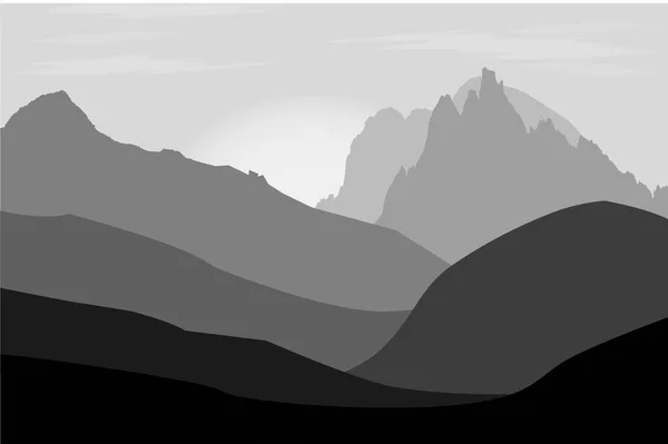 Silhouettes Montagnes Noir Blanc Sur Fond Soleil Levant Nuages Matinaux — Image vectorielle