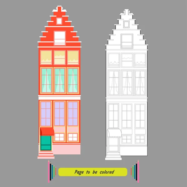 Kleurplaat Voor Kinderen Hoog Oud Gebouw Met Een Veranda Verdiepingen — Stockvector