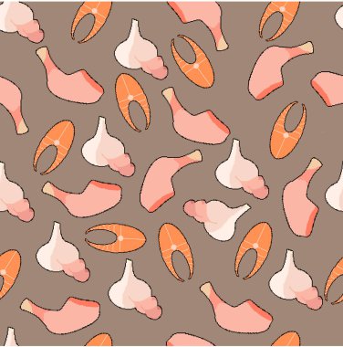 Bej arka planda kullanışlı ürünlerin piksel simgeleri. Bacak, kırmızı balık, sarımsak. Tekstil, ambalaj, nakış için. Vektör illüstrasyonu.