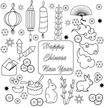 Bir dizi Çin Yeni Yıl sembolü. Fenerler, dekorasyonlar, tavşan, hediyeler. Doodle tarzı, siyah ve beyaz. Vektör illüstrasyonu.