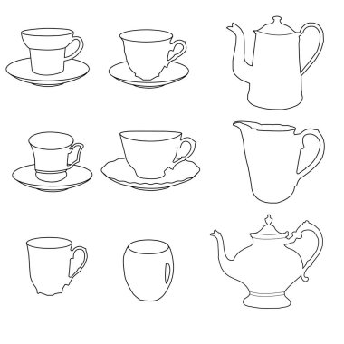 Teaware simgeleri ayarlandı. Çay fincanları, çaydanlık, ardıç kuşu ve çaydanlığın 9 vektör simgesinin taslağı.