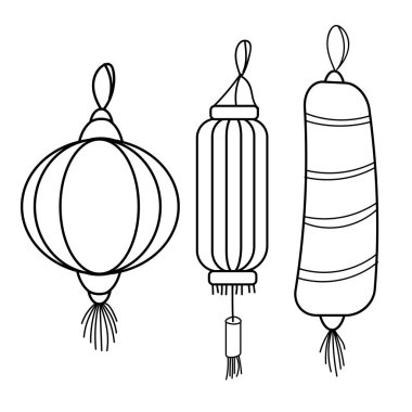 Çin yılbaşı fenerlerinin ana hatlarını çiz. Vektör illüstrasyonu