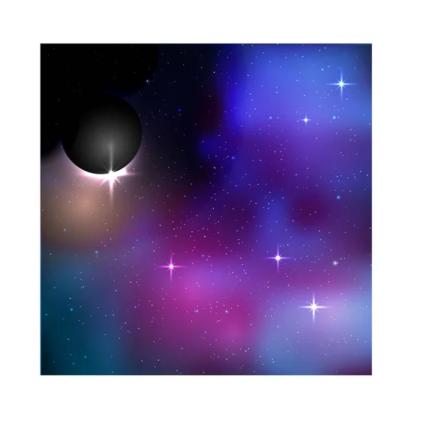 Vector space background with black planet and pink and yellow nebulae.