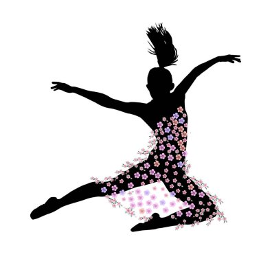 Vector silhouette of a graceful girl in a high ballet jumping tutu of flowers, isolated on a white background