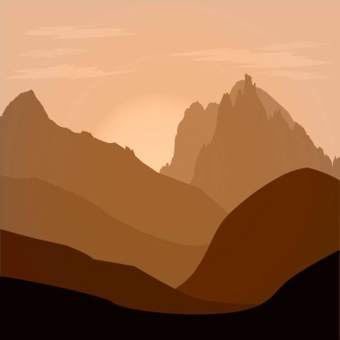 Morning mountain silhouettes on a brown background. Vector illustration.