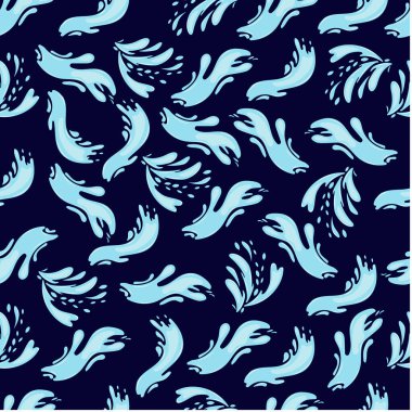 Seamless pattern with blue water splashes on a dark background. Vector illustration. For packaging, textile, cover, background.