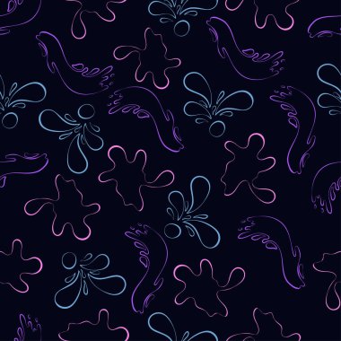 Seamless pattern of contour splashes in neon colors on a dark background. Vector illustration. For packaging, textile, cover, background.