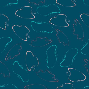 Seamless pattern of contour turquoise and muted pink splashes. The addition of dark teal creates a vital contrast for dynamic designs. Vector illustration. For packaging, textile, cover, background.