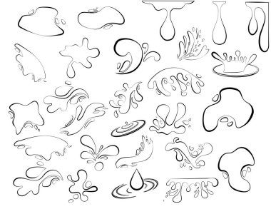 Set of contours of drops and splashes of water or oil. Vector set of contour black icons of flowing drops, waves, splashes, splashes of nature isolated on white background. Dripping liquid. Water spill. Drops of rain and drops of sweat.