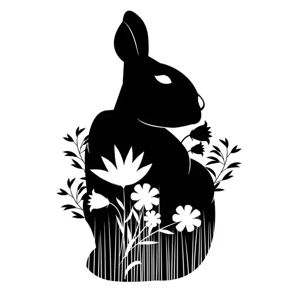 Трафарет Черный Кролик Сидит Траве Цветы Белом Фоне Обрезки Плоттера — стоковый вектор
