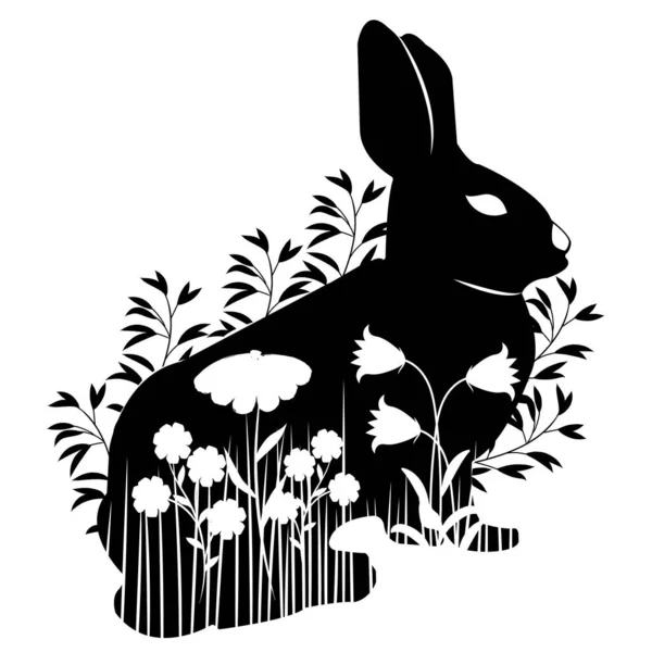 Трафаретный Черный Кролик Сидит Профиль Траве Цветы Белом Фоне Обрезки — стоковый вектор