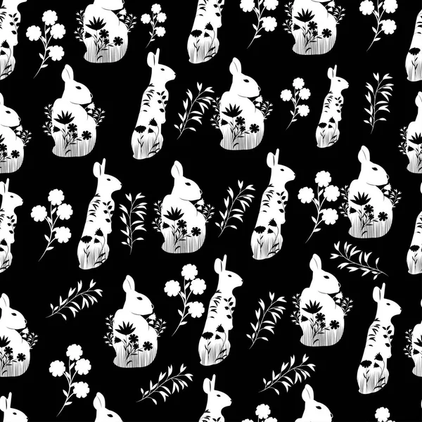 Seamless Pattern White Silhouettes Rabbits Black Background Flowers Grass Vector — Stock Vector
