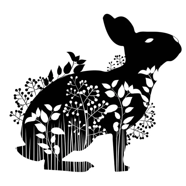 Трафарет Черный Кролик Поднимается Траве Цветы Белом Фоне Обрезки Плоттера — стоковый вектор