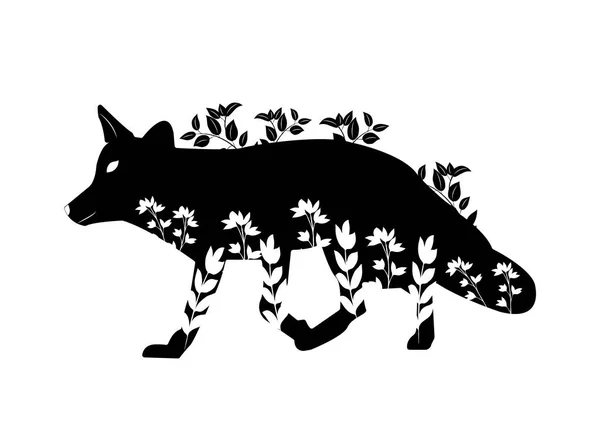 Stencil Black Fox Walks Grass Flowers White Background Plotter Cutting — Stock Vector