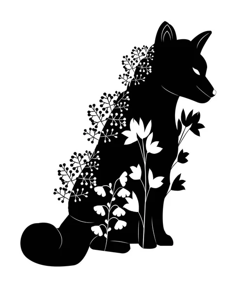 Stencil Black Fox Sits Grass Flowers White Background Plotter Laser — Stock Vector