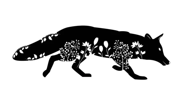 蜡笔画的黑狐狸在草地上行走 花朵在白色的背景上 用于绘图机和激光切割 矢量说明 — 图库矢量图片