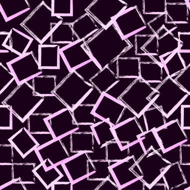 Koyu arkaplanda pembe suluboya darbelerini taklit eden kusursuz, soyut yırtık kareler. Paketleme, tekstil, arka plan, örtüler için ideal. Vektör illüstrasyonu.