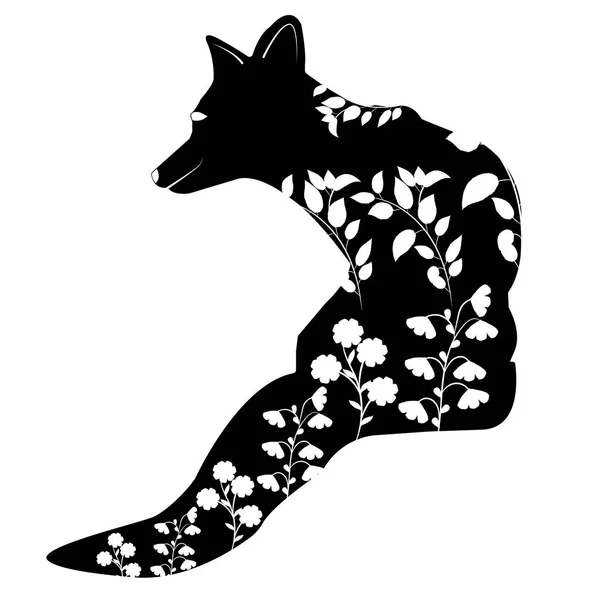 Stencil Black Fox Sits Its Back Looks Grass Flowers White — Stock Vector