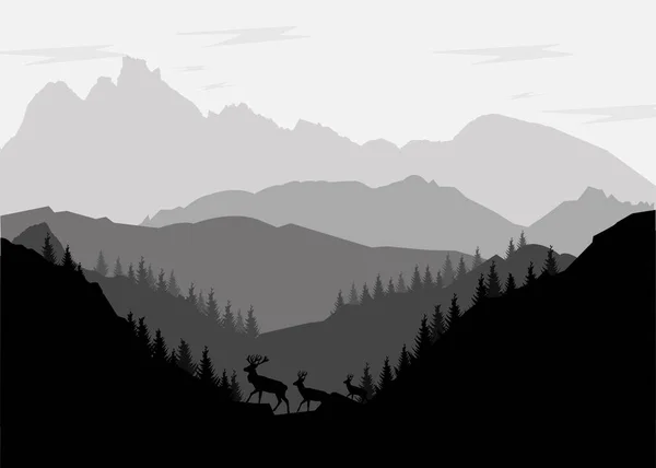 Silueta Blanca Negra Montañas Con Árboles Ciervos Ilustración Vectorial — Vector de stock