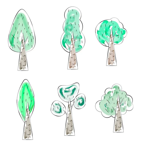 Uppsättning Tecknad Akvarell Träd Vektorillustration — Stock vektor