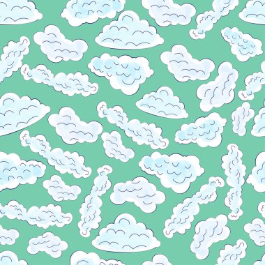 Soluk yeşil arka planda, karikatür şeklinde suluboya bulutlar. Paketleme, tekstil, arka plan, örtüler için ideal. Vektör illüstrasyonu.