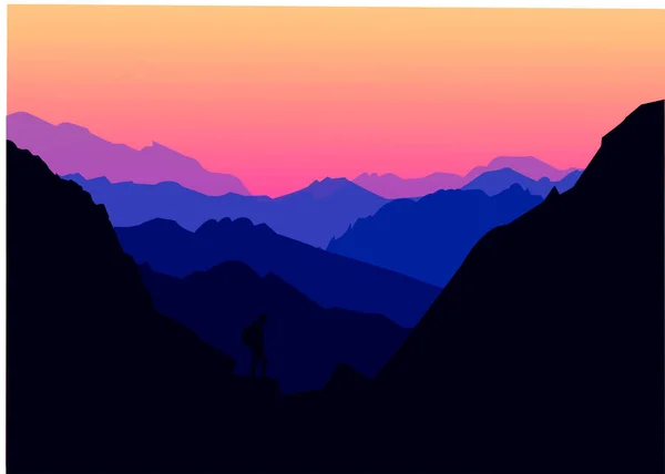Silhouette Tourist Mountains Mountains Dawn Vector Illustration — Stock Vector