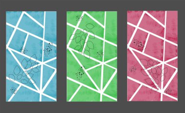 Soyut suluboya posterler. Çiçekli parlak renklerle. İç mekan resimleri, posterler, kapaklar veya afişler için ideal.