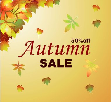 Sonbahar yaprakları dökülen parlak satış afişi, tanıtım afişi, indirimli mağaza ilanı veya kuponu. Botanik, bitki arkaplanı, vektör illüstrasyonu.