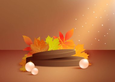 Mevsimsel ürünleri sergilemek için sonbahar yaprakları olan soyut 3D podyum sahnesi. Sahne gösterisi 3 boyutlu bir kozmetik stüdyosunda ışıklandırmalı.