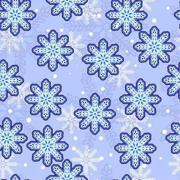 Nahtloses Muster Von Schneeflocken Weißen Und Blauen Farben Auf Blauem — Stockvektor