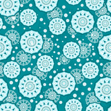 Tekstil ve ambalaj için mavi-yeşil arka planda kusursuz bir Noel kar taneleri deseni. Vektör illüstrasyonu