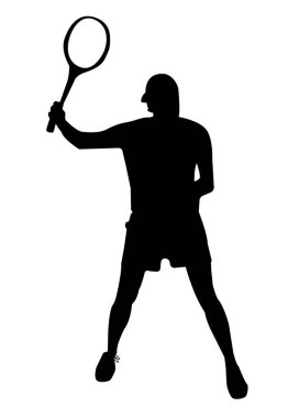 Tenis oynayan atletik bir adamın silueti. Vektör illüstrasyonu
