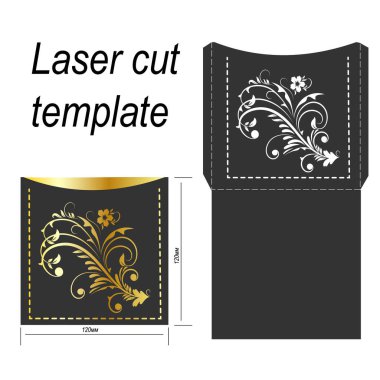 Lazer kesimi için bir tebrik kartı şablonu. Klasik dekoratif elementler. El çizimi arka plan. Altın arka planda çiçek motifleri. Vektör illüstrasyonu