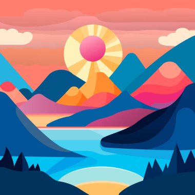 Memphis tarzında gün doğumunda dağlardaki bir gölün stilize edilmiş vektör manzarası