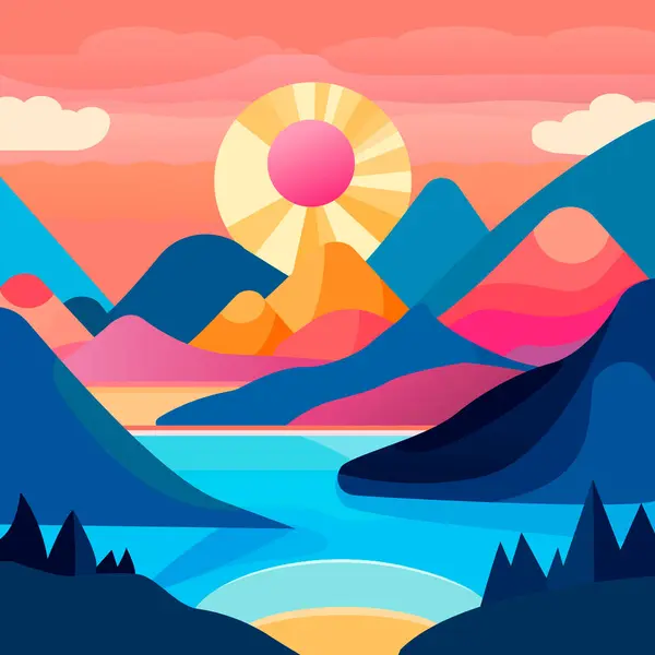 Stylized vector landscape of a lake in the mountains at sunrise in Memphis style