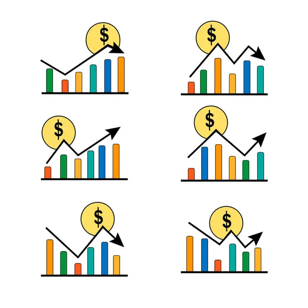 stock vector Set of flat color graph icons with dollar sign on white background.  The graph shows downward and upward trends. Vector.