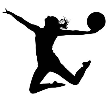 Bir spor kadınının silueti. Büyük bir topla havaya sıçrıyor. Vektör çizimi. Beyaz arkaplanda siyah bir özet.