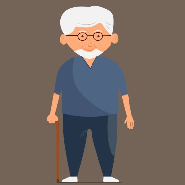 Yaşlı bir adam, gözlüklü ve mavi gömlekli bir dede, koyu bir arka planı olan bir bastonla duruyor. O, yaklaşık 60 ya da 70 yaşında gibi görünüyor. Vektör.
